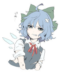 Rule 34 | 1girl, ahoge, angry, blue dress, blue eyes, blue hair, blush, bow, cirno, clenched teeth, collared shirt, crying, crying with eyes open, dress, green bow, hair between eyes, hair bow, highres, ice, ice wings, injury, kuromame (8gou), looking at viewer, neck ribbon, pinafore dress, puffy short sleeves, puffy sleeves, red ribbon, ribbon, shirt, short hair, short sleeves, simple background, sleeveless dress, solo, tears, teeth, torn clothes, touhou, translation request, upper body, v-shaped eyebrows, white background, white shirt, wings