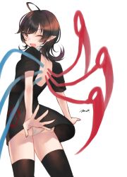 Rule 34 | 1girl, ;d, ahoge, asymmetrical wings, back cutout, black dress, black thighhighs, blush, breasts, brown hair, clothing cutout, commentary request, dress, eyelashes, fang, feet out of frame, highres, houjuu nue, looking at viewer, looking back, makita (vector1525), one eye closed, open mouth, panties, pointy ears, red eyes, short dress, short hair, short sleeves, signature, simple background, smile, solo, thighhighs, thighs, touhou, underwear, white background, white panties, wings
