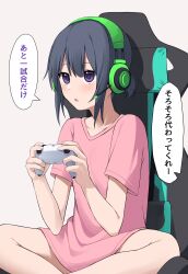 Rule 34 | 1girl, absurdres, black hair, blush, chair, check translation, collarbone, commentary request, controller, game controller, gaming chair, headphones, highres, holding, holding controller, holding game controller, kiona (giraffe kiona), original, parted lips, pink shirt, shirt, short hair, simple background, solo, speech bubble, swivel chair, t-shirt, translation request, white background