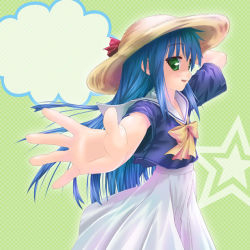 Rule 34 | 00s, 1girl, blue hair, dress, foreshortening, green background, green eyes, hand on headwear, hat, izumi kanata, kisaragi miyu, long hair, lucky star, outstretched arm, outstretched hand, solo, star (symbol), straw hat