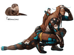 Rule 34 | 1boy, animal, animal on back, brown footwear, brown shorts, cyborg, dark-skinned male, dark skin, closed eyes, highres, hood, hood up, original, otter, personification, rinotuna, shadow, shoes, shorts, simple background, smile, solo, squatting, tail, white background