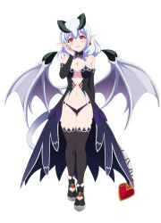 Rule 34 | 1girl, bare shoulders, battle girl high school, black thighhighs, blue hair, blush, breasts, cleavage, commentary, constricted pupils, crazy eyes, demon girl, demon horns, demon tail, demon wings, detached collar, detached sleeves, earrings, full body, hand on own chest, hand on own face, hand up, head tilt, highres, horns, jewelry, kunieda shiho, lee xianshang, lilim (monster girl encyclopedia), looking at viewer, medium breasts, medium hair, monster girl encyclopedia, monsterification, navel, parted lips, pointy ears, red eyes, simple background, smile, solo, tail, thigh gap, thighhighs, white background, wings