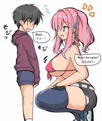Rule 34 | 1boy, 1girl, age difference, ass, azur lane, bare shoulders, blush, breasts, bremerton (azur lane), commentary request, english text, hair between eyes, large breasts, long hair, multicolored hair, onee-shota, pink eyes, pink hair, sideboob, sportswear, streaked hair, tsuzuri (tuzuri), twintails