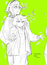 Rule 34 | 2girls, absurdres, ahoge, asticassia school uniform, blush, commentary request, dated, embarrassed, flying sweatdrops, frown, green background, green theme, gundam, gundam suisei no majo, height difference, highres, jacket, long hair, long sleeves, miorine rembran, monochrome, motion lines, multiple girls, open mouth, school uniform, shared clothes, speech bubble, suletta mercury, surprised, sweat, twitter username, yuri kyanon