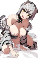 Rule 34 | 1girl, 2022, all fours, animal ears, animal print, bare shoulders, black hair, blush, breasts, cleavage, collarbone, hareno chiame, highres, large breasts, long hair, looking at viewer, multicolored hair, open mouth, original, smile, solo, streaked hair, tail, thighs, tiger ears, tiger girl, tiger print, tiger tail, white hair, yellow eyes