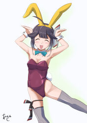 Rule 34 | 1girl, ahoge, akashieru, animal ears, aqua bow, aqua bowtie, black hair, bow, bowtie, breasts, closed eyes, detached collar, facing viewer, fake animal ears, feet out of frame, gradient hair, grey hair, grey thighhighs, hair ribbon, hayanami (kancolle), highres, kantai collection, leotard, medium breasts, multicolored hair, playboy bunny, ponytail, purple leotard, rabbit ears, rabbit pose, ribbon, short hair, sidelocks, signature, simple background, smile, solo, standing, standing on one leg, strapless, strapless leotard, thighhighs, white background, white ribbon, wrist cuffs