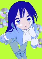 Rule 34 | 1girl, akanbe, blue eyes, blue hair, blunt bangs, cd, commentary, eyelid pull, feet out of frame, gloves, green background, hand on own hip, hand up, highres, knee pads, leaning forward, long hair, long sleeves, looking at viewer, original, solo, standing, tongue, tongue out, urokogaran, white gloves