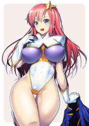 Rule 34 | 00s, 1girl, blue eyes, breasts, cameltoe, covered erect nipples, covered navel, curvy, female focus, gloves, gundam, gundam seed, gundam seed destiny, hair ornament, highleg, highleg leotard, jacket, unworn jacket, large breasts, leotard, long hair, looking at viewer, meer campbell, nagase haruhito, open mouth, pink hair, solo, star (symbol), star hair ornament, sweat, thick thighs, thigh gap, thighs, wide hips