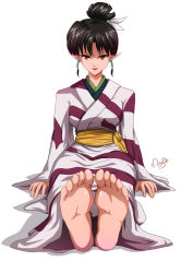 Rule 34 | 1girl, barefoot, black hair, earrings, feathers, feet, foot focus, foreshortening, hair ornament, highres, inuyasha, japanese clothes, jewelry, kagura (inuyasha), kimono, lipstick, looking at viewer, magion02, makeup, pointy ears, red eyes, robe, sash, shiny skin, signature, simple background, sitting, smile, soles, solo, toes, white background
