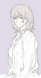 Rule 34 | 1girl, blonde hair, blush, breasts, collared shirt, dress shirt, dungeon meshi, falin touden, falin touden (tallman), from side, large breasts, long sleeves, looking at viewer, looking to the side, messy hair, open clothes, open shirt, shirt, short hair, simple background, smile, solo, unusually open eyes, upper body, wawa (wawawa0080)