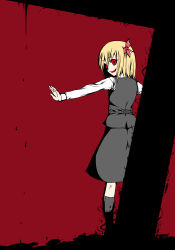 Rule 34 | 1girl, back, blonde hair, cross, flat color, hair ribbon, horror (theme), looking at viewer, looking back, open mouth, outstretched arms, red eyes, ribbon, rumia, solo, tama go, touhou