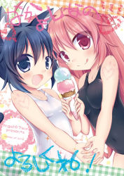 Rule 34 | 2girls, :d, :q, black eyes, black hair, brown hair, food, holding hands, ice cream, long hair, mole, multiple girls, one-piece swimsuit, open mouth, original, red eyes, school swimsuit, smile, swimsuit, tail, tongue, tongue out, tougo, white school swimsuit, white one-piece swimsuit