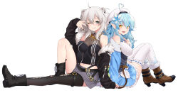 Rule 34 | 2girls, :d, absurdres, ahoge, animal ears, back-to-back, black jacket, black nails, black thighhighs, blue hair, blue nails, boots, breasts, brown footwear, cleavage, clenched teeth, fingernails, flower, fur-trimmed jacket, fur trim, grey hair, grey skirt, hair between eyes, hair flower, hair ornament, highres, hololive, jacket, kazuma muramasa, large breasts, lion ears, lion girl, lion tail, long hair, looking at viewer, medium breasts, multiple girls, nail polish, navel, one eye closed, open mouth, pointy ears, see-through, see-through cleavage, shishiro botan, shishiro botan (1st costume), simple background, sitting, skirt, smile, tail, teeth, thighhighs, virtual youtuber, white background, white headwear, yellow eyes, yukihana lamy