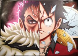 Rule 34 | 2boys, age difference, blood, charlotte katakuri, crossover, fangs, grabbing, injury, male focus, monkey d. luffy, multiple boys, muscular, one piece, scar, serious, short hair, simple background, standing, tattoo, weapon