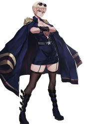 Rule 34 | 1girl, belt, black gloves, black thighhighs, blonde hair, blue coat, blue dress, blue footwear, bluecup, boots, breasts, cleavage, closed mouth, coat, collared dress, commentary, crossed arms, dress, english commentary, eyewear on head, full body, garter belt, garter straps, gloves, green eyes, hair over one eye, highres, large breasts, looking away, military, military uniform, open clothes, open coat, original, short hair, short sleeves, simple background, solo, standing, star (symbol), sunglasses, swept bangs, thighhighs, uniform, white background