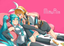Rule 34 | 2girls, bad id, bad pixiv id, black legwear, blonde hair, blue eyes, blush, boots, breasts, character name, clenched teeth, collar, cuffs, detached sleeves, fang, green eyes, green hair, hair ornament, hair ribbon, hairclip, hand on another&#039;s leg, handcuffs, hatsune miku, kagamine rin, kneeling, long hair, looking at another, multiple girls, musical note, musical note print, nail polish, neckerchief, necktie, open mouth, pink background, pleated skirt, profile, quaver, ribbon, riding crop, sailor collar, shaded face, shirt, short hair, shorts, sideways mouth, sitting, skirt, sweat, teeth, thigh boots, thighhighs, twintails, u (kuroinu0107), u (mikaduki0720), very long hair, vocaloid, yuri