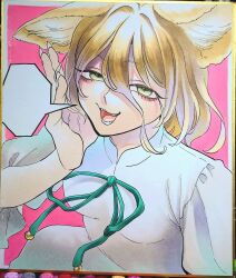 Rule 34 | 1girl, absurdres, animal ears, blonde hair, breasts, fang, fangs, fingernails, fox, fox ears, fox girl, frilled sleeves, frills, gem, green eyes, green ribbon, hair between eyes, hand on own head, highres, kudamaki tsukasa, looking at viewer, medium hair, open mouth, pink background, puffy short sleeves, puffy sleeves, ribbon, romper, sharp fingernails, short sleeves, simple background, slit pupils, small breasts, smile, speech bubble, teeth, tongue, touhou, traditional media, two-tone background, white background, white romper, whoru, yellow fur, yellow gemstone