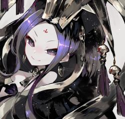Rule 34 | 1girl, bare shoulders, chinese clothes, collarbone, dress, earrings, eyeshadow, facial hair, fate/grand order, fate (series), hair ornament, jewelry, kusakanmuri, long hair, looking at viewer, makeup, necklace, portrait, purple eyes, purple hair, smile, solo, very long hair, wu zetian (fate)