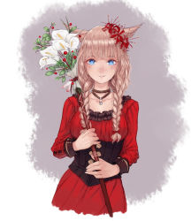 Rule 34 | 1girl, absurdres, animal ears, blonde hair, blue eyes, braid, cat ears, choker, corset, demstouts, dress, final fantasy, final fantasy xiv, flower, hair flower, hair ornament, highres, holding, long hair, looking at viewer, miqo&#039;te, parted lips, red dress, simple background, smile, solo, staff, twin braids, upper body, white mage (final fantasy)