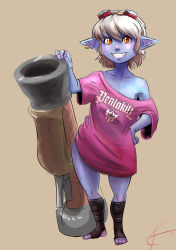 Rule 34 | 1girl, bare shoulders, blonde hair, blue skin, blush, brown background, brown eyes, cannon, clothes writing, collarbone, colored skin, commentary, earrings, eltonel, english text, full body, goggles, goggles on head, grin, hand on own hip, highres, jewelry, league of legends, looking at viewer, nose blush, pink shirt, pointy ears, shirt, short hair, short sleeves, shortstack, signature, single earring, sketch, smile, solo, standing, stirrup legwear, toeless legwear, tristana, yordle