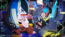 Rule 34 | 2girls, akanbe, alley, asymmetrical clothes, asymmetrical hair, aurahack, bike shorts, black hair, blonde hair, blue eyes, blue hair, breasts, cable, commentary, cyberpunk, ear piercing, earpiece, english commentary, english text, eyelid pull, fisheye, jewelry, kneepits, multicolored hair, multiple girls, original, piercing, pigeon-toed, pink hair, ring, suspenders, symbol-shaped pupils, tongue, tongue out, v, viewfinder, white hair