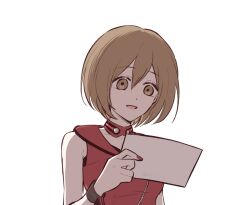 1girl brown_eyes brown_hair choker commentary_request empty_eyes hariikei holding holding_paper looking_down meiko_(vocaloid) meiko_(vocaloid3) nail_polish paper short_hair sleeveless sleeveless_jacket solo upper_body vocaloid wristband zipper