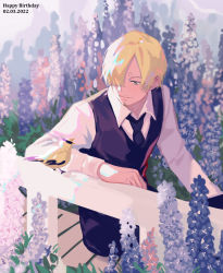 Rule 34 | 1boy, absurdres, animal, bird, black necktie, black vest, blonde hair, facial hair, flower, from above, hair over one eye, happy birthday, highres, long sleeves, male focus, necktie, one piece, plant, purple flower, purple theme, railing, sanji (one piece), shirt, smile, solo, towne, vest, white shirt