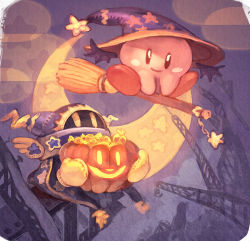 Rule 34 | 2boys, blue eyes, broom, broom riding, candy, crescent moon, food, halloween, hat, jack-o&#039;-lantern, kirby, kirby&#039;s return to dream land, kirby (series), magolor, male focus, moon, multiple boys, nintendo, outdoors, pumpkin, sky, smile, star (symbol), witch hat, yellow eyes