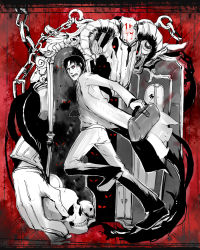 Rule 34 | 1boy, bad id, bad pixiv id, black hair, blood, bone, chain, door, formal, full body, horns, kantou, male focus, monochrome, monster, red eyes, skull, solo, spot color, suit, suitcase