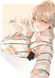 Rule 34 | 1girl, aaoshigatoutoi, absurdres, alternate costume, alternate hairstyle, barefoot, beige kimono, blonde hair, blush, brown eyes, character name, commentary request, crying, crying with eyes open, cup, drunk, ear piercing, earrings, floral print, foreshortening, full body, girls&#039; frontline, hair bun, highres, holding, holding cup, japanese clothes, jewelry, kimono, lying, on side, parted lips, piercing, ppk (girls&#039; frontline), print kimono, reaching, reaching towards viewer, sakazuki, single hair bun, solo, sparkle, squeans, tears