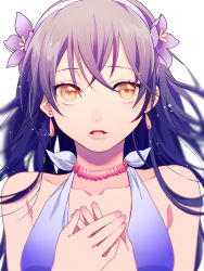 Rule 34 | 10s, 1girl, bare shoulders, bikini, blonde hair, blue bikini, collarbone, earrings, hairband, hands on own chest, highres, jewelry, long hair, looking at viewer, love live!, love live! school idol project, mihatarou, natsuiro egao de 1 2 jump!, necklace, simple background, solo, sonoda umi, swimsuit, upper body
