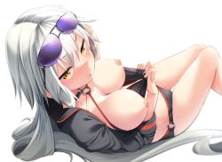 Rule 34 | 1girl, aki (akikaze asparagus), bikini, black bikini, black jacket, blush, breasts, clothes pull, cropped jacket, eyewear on head, fate/grand order, fate (series), jacket, jacket pull, jeanne d&#039;arc alter (swimsuit berserker) (fate), jeanne d&#039;arc (fate), jeanne d&#039;arc alter (fate), jeanne d&#039;arc alter (swimsuit berserker) (fate), large breasts, long hair, looking at viewer, nipples, open mouth, silver hair, simple background, solo, sunglasses, swimsuit, white background, yellow eyes