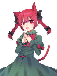 Rule 34 | 1girl, :d, animal ears, black bow, bow, bowtie, braid, cat ears, cat tail, cowboy shot, dress, extra ears, frills, green dress, hair between eyes, hair bow, hair ribbon, hands up, juliet sleeves, kaenbyou rin, light blush, long hair, long sleeves, looking at viewer, open mouth, puffy sleeves, red bow, red bowtie, red eyes, red hair, renka (sutegoma25), ribbon, simple background, smile, solo, steepled fingers, tail, touhou, tress ribbon, twin braids, twintails, white background