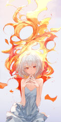 Rule 34 | 1girl, absurdres, backlighting, bare arms, bare shoulders, choker, cowboy shot, dress, fire, flat chest, gradient background, grey choker, grey dress, highres, ichika (ichika87), nail polish, original, own hands together, parted lips, red eyes, short hair, simple background, solo, strapless, strapless dress, tagme, white background, white dress, white hair