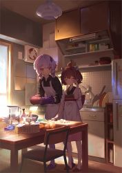 Rule 34 | 2girls, ahoge, apron, black shirt, blouse, blush, brown hair, chair, closed eyes, collared shirt, commentary request, cooking, cup, day, drinking glass, gloves, holding, indoors, japanese clothes, kimono, kitchen, light purple hair, long hair, long sleeves, looking at another, multiple girls, one eye closed, onion, purple eyes, purple footwear, purple gloves, purple legwear, red footwear, rubbing eyes, shirt, short hair, slippers, standing, table, touhoku kiritan, twintails, vocaloid, voiceroid, white apron, white kimono, yamamomo (plank), yuzuki yukari