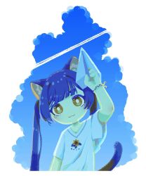 Rule 34 | 1girl, :3, animal ears, arm at side, arm up, blue hair, blue sky, blue tail, bright pupils, cat ears, cat girl, cat tail, closed mouth, commentary request, contrail, day, floral print, highres, holding paper airplane, long hair, original, piyoko9494, shirt, sky, smile, solo, t-shirt, tail, twintails, upper body, very long hair, white pupils, white shirt, wristband, yellow eyes