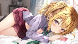 Rule 34 | 1girl, absurdres, blush, breasts, chloe (princess connect!), cleavage, closed mouth, condom, elf, green necktie, highres, holding, holding condom, looking at viewer, lying, medium breasts, miniskirt, navel, necktie, on bed, on side, open clothes, plaid, plaid skirt, pointy ears, princess connect!, rumiko (rmeco), skirt, solo, thighs