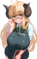 Rule 34 | 1girl, absurdres, ahoge, anila (granblue fantasy), blonde hair, blush, book, breasts, curled horns, draph, eyebrows hidden by hair, glasses, granblue fantasy, green ribbon, highres, holding, holding book, horns, large breasts, pyonsan, ribbon, school uniform, sheep horns, short eyebrows, solo, thick eyebrows, yellow eyes