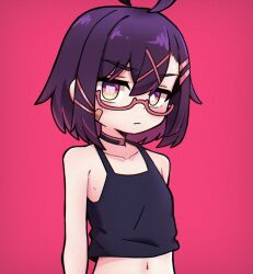 Rule 34 | 1girl, ahoge, asymmetrical bangs, bandaid, bandaid on face, bare shoulders, black shirt, blush, bob cut, choker, closed mouth, collarbone, commentary, commission, covered erect nipples, crop top, dot nose, english commentary, flat chest, glasses, hair ornament, halftone, highres, jitome, koonowen, light frown, looking at viewer, medium hair, mismatched pupils, navel, original, pink background, purple eyes, purple hair, red-framed eyewear, red choker, semi-rimless eyewear, shirt, simple background, solo, straight hair, symbol-shaped pupils, two-tone eyes, upper body, x hair ornament, yellow eyes