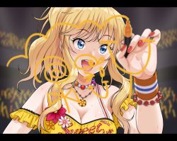 Rule 34 | 1girl, :d, blonde hair, blue eyes, bracelet, breasts, cleavage, glass writing, idolmaster, idolmaster cinderella girls, jewelry, large breasts, letterboxed, long hair, marker, necklace, nigou, ohtsuki yui, open mouth, smile, solo, writing, drawing on fourth wall