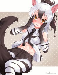 Rule 34 | 1girl, aardwolf (kemono friends), aardwolf print, abs, absurdres, animal ears, bare shoulders, between legs, black hair, black necktie, black shorts, blush, breast pocket, brown eyes, commentary request, dutch angle, elbow gloves, embarrassed, feet out of frame, gloves, hair between eyes, hand on own cheek, hand on own face, hands up, high ponytail, highres, kedama (ughugjydthjdf), kemono friends, medium hair, midriff peek, multicolored hair, navel, necktie, nose blush, pantyhose, pantyhose under shorts, parted lips, pocket, print gloves, print pantyhose, print shirt, shirt, short shorts, shorts, sleeveless, sleeveless shirt, solo, stomach, tail, tail between legs, toned, twitter username, two-tone hair, wavy mouth, white hair