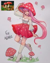 Rule 34 | 1girl, arm at side, artist name, bare shoulders, boots, breasts, bush, cleavage, closed mouth, commentary, day, english commentary, english text, fly agaric, foliage, full body, grass, hair between eyes, heart, heart on cheek, heart print, highres, knee boots, leaf, leg up, long hair, long sleeves, looking to the side, lord griselda, medium breasts, mushroom, mushroom girl, mushroom hat, off-shoulder shirt, off shoulder, on grass, original, outdoors, paper texture, photo (object), photo inset, pink eyes, pink hair, pink lips, pink skirt, platform footwear, print headwear, print skirt, red headwear, red skirt, shirt, simple background, skirt, sleeves past elbows, smile, standing, standing on one leg, thigh boots, watermark, white footwear, white shirt