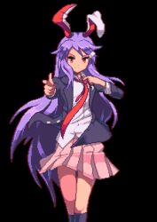 Rule 34 | 1girl, animal ears, black background, black jacket, black socks, closed mouth, collared shirt, commentary, highres, jacket, long hair, long sleeves, looking at viewer, necktie, pink skirt, pixel art, pleated skirt, pointing, pointing at viewer, potemki11, purple hair, rabbit ears, rabbit girl, red eyes, red necktie, reisen udongein inaba, shirt, simple background, skirt, smile, socks, solo, touhou, white shirt