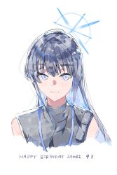 Rule 34 | 1girl, bare shoulders, black hair, blue archive, blue eyes, blue hair, chiriejjiyo, commentary request, halo, highres, long hair, looking at viewer, saori (blue archive), sleeveless, solo, turtleneck, upper body, white background