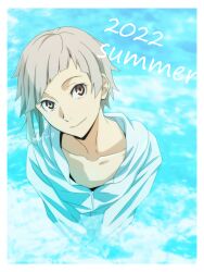 Rule 34 | 1boy, bungou stray dogs, closed mouth, collarbone, grey hair, highres, jacket, looking at viewer, mari (marimaripink), nakajima atsushi (bungou stray dogs), smile, solo, twitter username, upper body, water, yellow eyes