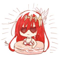 Rule 34 | 1girl, :|, alexiel (summer) (granblue fantasy), bare arms, bare shoulders, bikini, breasts, chibi, closed mouth, commentary request, facing viewer, godsworn alexiel, granblue fantasy, hair between eyes, hair ornament, heart, heart-shaped eyewear, highres, innertube, long hair, medium breasts, red-framed eyewear, red hair, signature, simple background, sofra, solo, sunglasses, swim ring, swimsuit, very long hair, white background, white bikini