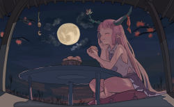 Rule 34 | 1girl, 3735geriragouki, bare arms, bare legs, bare shoulders, barefoot, blurry, blush, bun (food), cloud, commentary request, crescent, depth of field, eating, closed eyes, fisheye, flat chest, food, full moon, grey skirt, hand on own cheek, hand on own face, highres, holding, holding food, horn flower, horn ornament, horn ribbon, horns, ibuki suika, indian style, long hair, moon, nail polish, night, night sky, oni horns, orange hair, pointy ears, purple nails, purple neckwear, ribbon, shirt, sidelocks, sitting, skirt, sky, sleeveless, sleeveless shirt, solo, table, touhou, very long hair