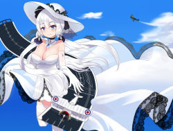 Rule 34 | 1girl, aircraft, airplane, azur lane, bare shoulders, biplane, blue eyes, blue gemstone, blue sky, breasts, cleavage, detached collar, dress, elbow gloves, flight deck, flying, garter straps, gem, gloves, hair ornament, hat, highres, illustrious (azur lane), irato at, lace, lace-trimmed dress, lace-trimmed headwear, lace trim, large breasts, long dress, long hair, looking at viewer, mole, mole under eye, see-through, see-through dress, skirt hold, sky, sleeveless, sleeveless dress, solo, strapless, strapless dress, sun hat, thighhighs, tri tails, white dress, white gloves, white hair, white hat, white thighhighs