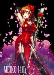 Rule 34 | arm up, black background, black gloves, black thighhighs, breasts, bridal gauntlets, brown hair, caffein, cleavage, cocktail dress, dress, earrings, elbow gloves, garter straps, gloves, hair between eyes, hair ornament, highres, jewelry, large breasts, looking at viewer, meiko (vocaloid), microphone stand, petals, red dress, red eyes, short hair, side slit, solo, standing, thighhighs, vocaloid
