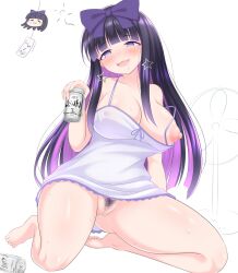 Rule 34 | 1girl, asahi breweries, barefoot, beer can, black hair, black pubic hair, blunt bangs, blush, bottomless, bow, breasts, camisole, can, chicken tatsumaki curry, cleft of venus, colored inner hair, commentary request, cookie (touhou), covered erect nipples, drink can, drunk, earrings, electric fan, female pubic hair, full body, hair bow, highres, hime cut, holding, holding can, jewelry, large breasts, long hair, looking at viewer, medium bangs, mole, mole under eye, multicolored hair, nipple slip, nipples, open mouth, pubic hair, purple bow, purple hair, pussy, shunga youkyu, sidelocks, simple background, smile, solo, squeans, star (symbol), star earrings, star sapphire, touhou, uncensored, white background, white camisole